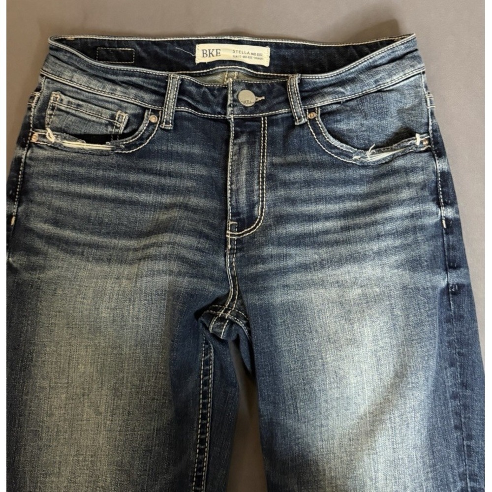 BKE Stella Jeans Womens 29X31.5  Dark Blue Mid Rise Slim Straight Leg Distressed - Picture 2 of 15